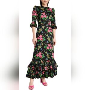 Black Floral Maxi Dress with Pink Roses and Green Leaves